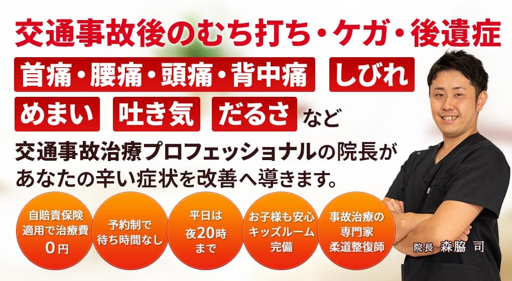 交通事故後のむち打ち・ケガ・後遺症・首痛・腰痛・頭痛・背中痛・しびれ・めまい・吐き気・だるさなど交通事故治療プロフェッショナルの院長があなたの辛い症状を治療し改善へ導きます。